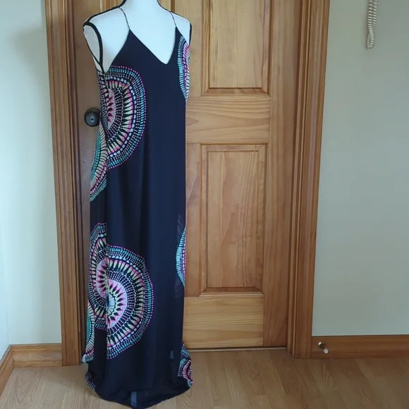 Old Navy T-Strap Chiffon Geometric Boho Maxi Dress S Blue Pink - Picture 4 of 16